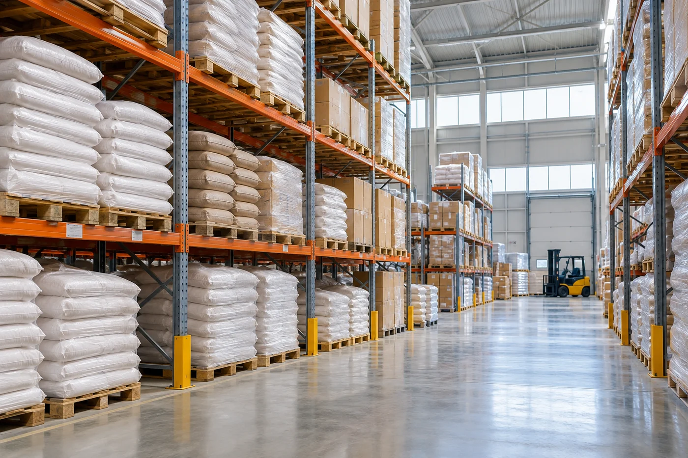 Warehouse shelves and goods ready for import distribution